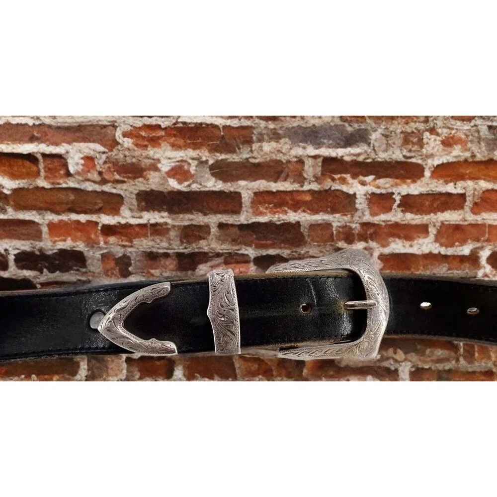 Genuine Black Leather Belt Silver Buckle Casual Men's Size 40 Solid 1